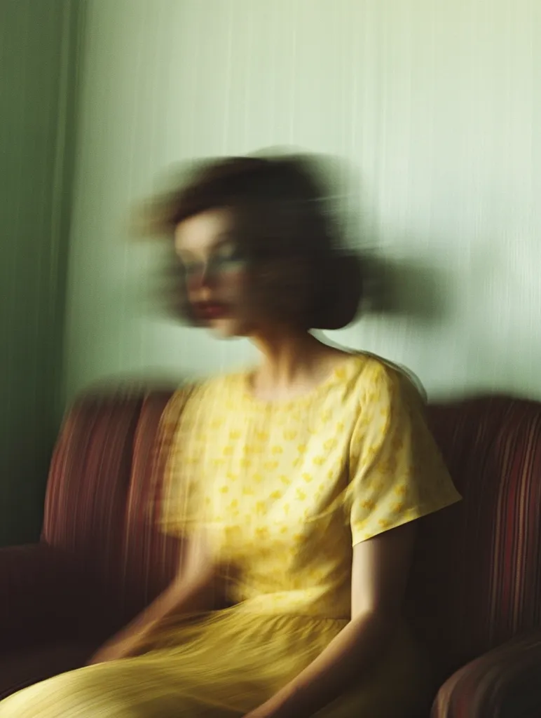 A woman, blurred and ethereal, sits on a brown striped couch. Her yellow floral dress flows around her. The background is a soft green, adding to the dreamlike atmosphere. The image evokes a sense of tranquility and mystery.