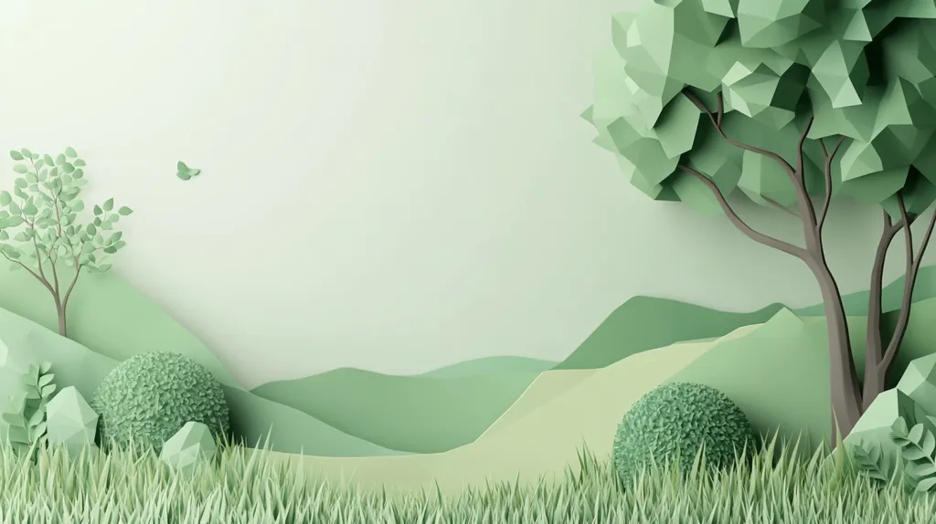 A minimalist, paper-like landscape with a pale green color palette.  A large tree stands in the right corner with geometric leaves, while a smaller tree sits on the left.  Hills and bushes are in the foreground, with a single butterfly flying overhead. The image is simple, yet calming and peaceful.