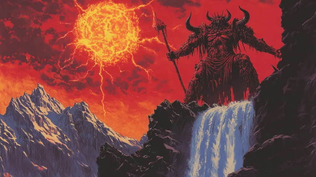 The image depicts a horned, demonic figure standing atop a cliff overlooking a waterfall. He wields a spear and is clad in red armor. The sky above him is a fiery red, with a swirling sun at the top. The figure seems to be bathed in the red light of the sky. Below the figure, a snow-covered mountain range stretches into the distance. The image evokes a sense of power and danger, with the demonic figure seemingly in control of the surrounding landscape.