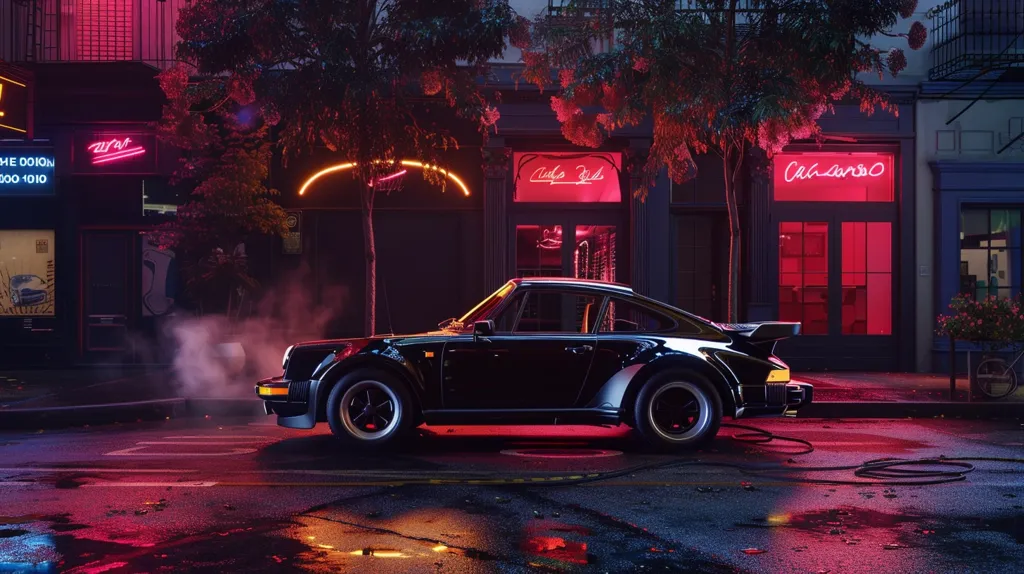 A black Porsche 911 is parked in front of a building with neon signs. The building has a red glow from the interior and a "Caffe Solo" sign above the entrance. The street is wet and there are puddles of water reflecting the neon lights. The scene is set at night, with a retro-futuristic aesthetic.