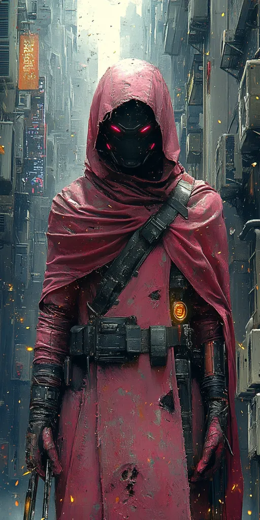 A figure cloaked in a long, crimson robe stands in a futuristic urban setting. The robe is tattered and worn, suggesting a life of hardship. The figure’s face is obscured by a black mask with glowing red eyes, giving an ominous and mysterious feel.  A dark, heavy belt and bandolier straps are seen across the figure’s chest, hinting at a dangerous and possibly deadly profession. The background is a blur of metal and concrete, creating a sense of urban decay and oppression.