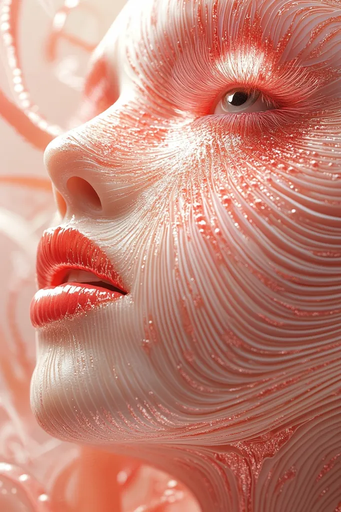 The image is a close-up of a woman's face with a unique, abstract design. The skin appears to be made up of a intricate network of overlapping, delicate lines that create a mesmerizing pattern. The woman's lips are painted a vibrant red, contrasting beautifully with the pale, skin-toned background. The design evokes a sense of both fragility and strength, drawing the viewer's attention to the beauty of the human form.