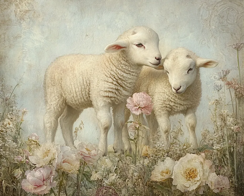 Two white lambs stand in a field of soft, pastel-colored flowers. The lamb on the left is looking towards the right, while the lamb on the right is looking down. The background is a hazy blue with subtle hints of green and white. The image evokes a sense of innocence and purity.