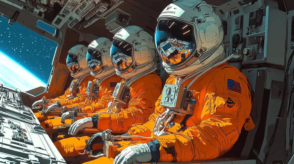 Four astronauts are strapped into their seats inside a spacecraft. They are wearing orange suits and helmets, and the windows show a view of Earth and stars in the distance. The astronauts are facing forward, and their expressions are serious. The image is a stylized illustration with a futuristic feel.