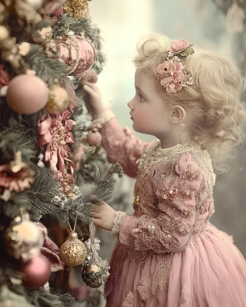 A young girl in a pink dress adorned with floral embellishments stands by a Christmas tree. Her blonde hair is styled with a pink flower crown. She reaches out to touch a glittering ornament on the tree, her eyes full of wonder and innocence. The scene is captured in a vintage style, with soft, muted tones and a dreamy atmosphere.