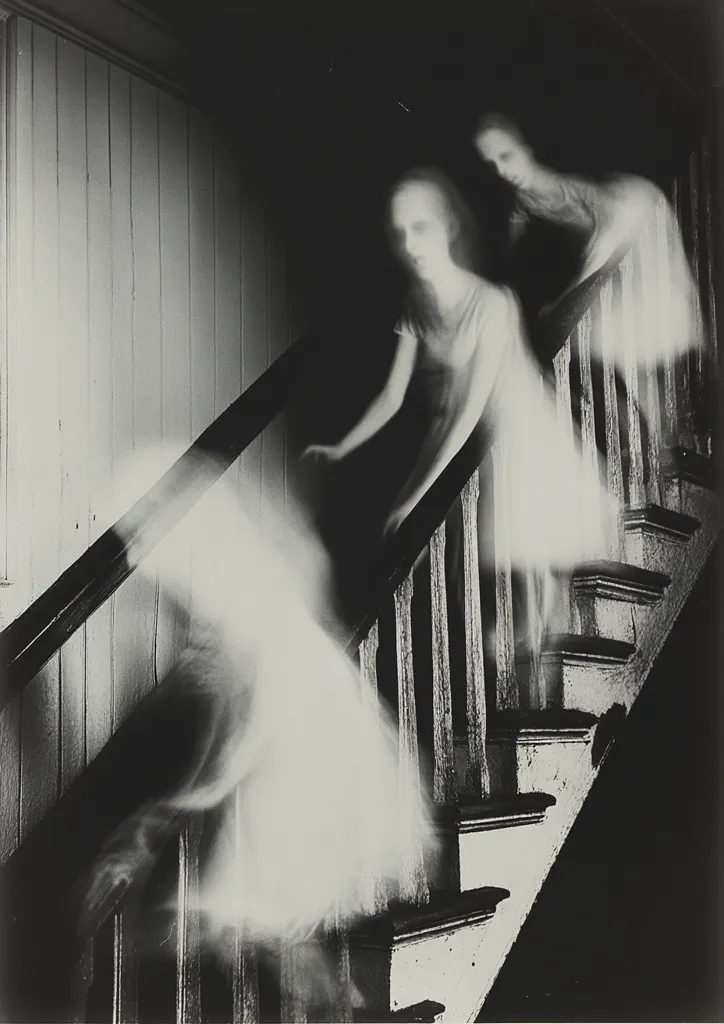The black and white photograph depicts three figures, appearing as ghostly apparitions, descending a wooden staircase. The figures are blurred and ethereal, adding to the haunting atmosphere. The staircase is the focal point, its wooden banisters and steps visible through the translucent figures. The stark contrast between the dark shadows and the bright figures creates a sense of mystery and intrigue. The overall impression is of a haunting, supernatural scene, leaving the viewer to wonder about the identities of the figures and the story behind their presence.