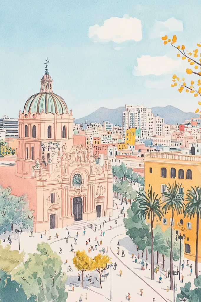 A watercolor painting depicts a bustling cityscape. A grand, pale pink cathedral dominates the foreground, with a towering dome adorned with a green roof. The scene is filled with a vibrant mix of buildings, including a tall yellow structure to the right, and lush green trees dotting the streets. The painting captures a lively atmosphere with small figures walking along a wide, paved road. The distant mountains and a bright blue sky with white clouds create a serene backdrop.