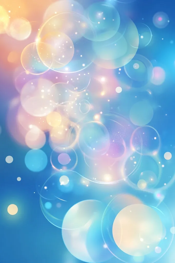 The image is a colorful abstract background with many translucent, overlapping circles of varying sizes and shades of blue, pink, and yellow. The circles create a dreamy, ethereal effect, with the blue circles appearing the largest and most prominent. Small white dots are scattered throughout the image, adding to the ethereal and lighthearted feel. The overall impression is one of soft, gentle beauty and calmness.