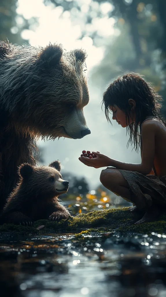 A young girl sits by a stream with a large brown bear and a small brown bear cub. The girl is holding out a handful of red berries to the bears. The bears are looking at the berries and the girl looks at the bears with a gentle expression. The scene is set in a lush, green forest.  The sunlight is filtering through the trees and reflecting on the water. The image is peaceful and serene.