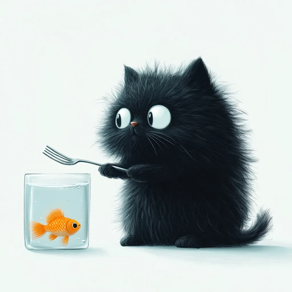 A fluffy black cat with big eyes looks intently at a goldfish in a glass. The cat holds a fork, creating a humorous scenario of a cat trying to catch a fish with a fork. The image is drawn in a cartoon style, with simple backgrounds and vivid colors.  The overall tone is playful and lighthearted.