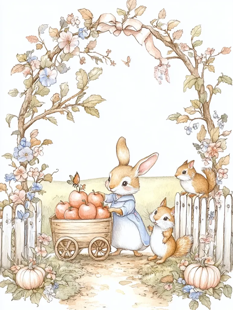 A bunny in a blue dress pushes a cart full of apples, while two squirrels, one on a fence and one beside the cart, watch. The scene is framed by a leafy archway with pink and blue flowers. The ground is a dirt path, and the overall tone is whimsical and charming.