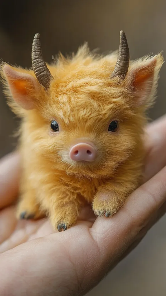A fluffy, golden piglet with small horns sits in the palm of a hand. The piglet has large, dark eyes, a pink snout, and soft, curly fur. The piglet's hooves are visible at the bottom of the image, and the hand holding it is out of focus. The piglet looks like a mythical creature, perhaps a baby unicorn or a miniature dragon.  The image evokes feelings of cuteness and wonder.