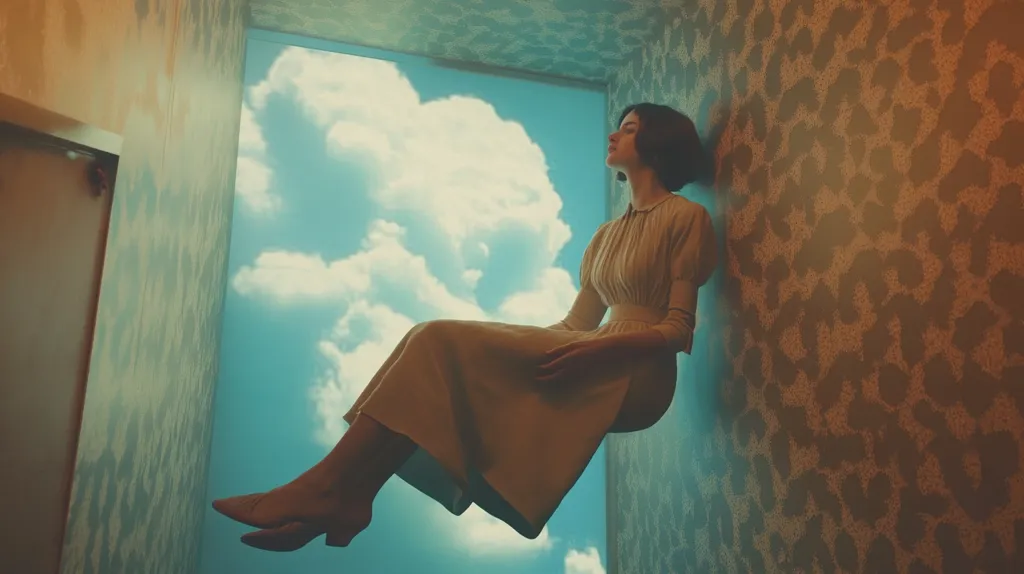 A woman in a long, flowing dress sits with her back against a wall, legs outstretched in front of her. Her eyes are closed and she appears to be asleep or in a trance. The wall is covered in a pattern of brown spots on a beige background. The background behind her is a blue sky with white clouds, creating a surreal and dreamlike effect. The image is lit with a soft, warm light.  The woman's relaxed posture and the serene backdrop suggest a sense of peace and tranquility.