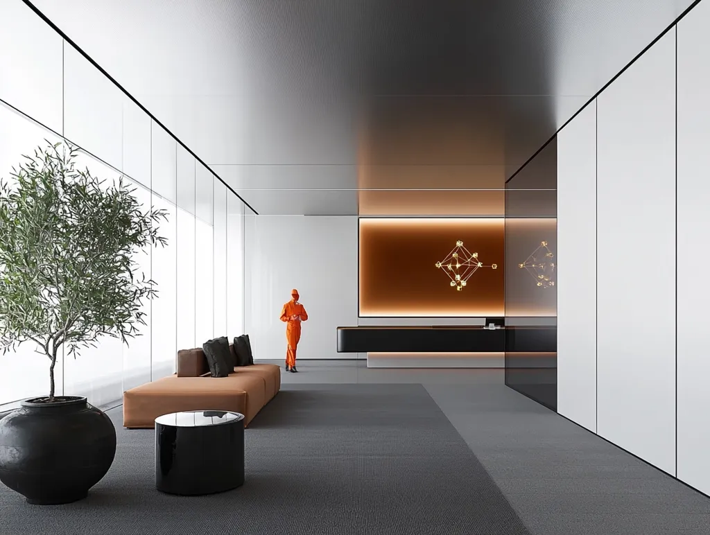 The image shows a modern office lobby with a sleek design. A large window wall provides natural light and a view of the city outside. A long, brown leather sofa sits against the window wall. A black coffee table sits in front of the sofa. A person in an orange jumpsuit stands near the front desk. There is a large wall panel with a bronze light fixture on it. The overall aesthetic is clean, contemporary, and minimalist.