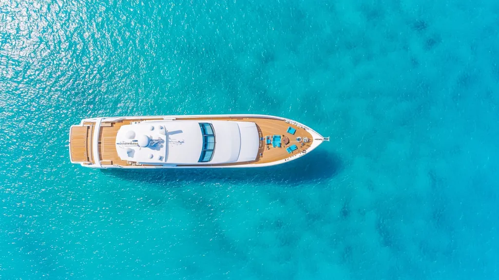 An aerial view of a white yacht with a wooden deck, floating in clear, turquoise water. The yacht is positioned in the center of the frame, with the bow facing the top of the image. The water is calm and appears to be very shallow. The overall image is bright and inviting, suggesting a luxurious vacation.
