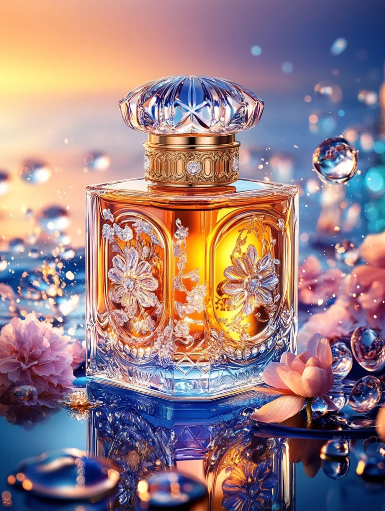 A luxurious perfume bottle with a diamond-shaped cap sits on a wet surface, reflecting its intricate details. The bottle is adorned with floral patterns and filled with a golden liquid. It is surrounded by delicate pink flowers and glistening water droplets, creating a dreamy and elegant scene. The background features a soft, ethereal sunset.