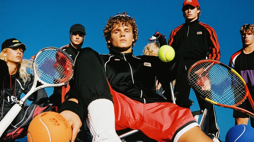 A group of young men dressed in sporty attire pose with tennis rackets and a tennis ball. The image captures a carefree and energetic atmosphere, possibly during a break from a tennis match. The vibrant colors of their clothing and the blue sky background create a visually appealing scene.  The setting suggests an outdoor tennis court, with the emphasis on the youthful energy and camaraderie.