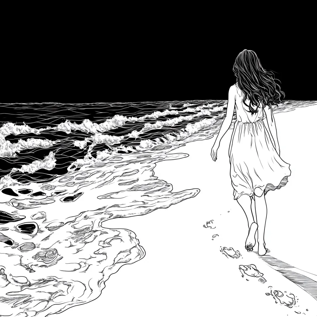 A woman in a long dress walks away from the viewer along a sandy beach towards a dark, choppy ocean. The waves lap at the shore, leaving a trail of bubbles and foam behind them. The woman’s footprints are visible in the sand. The image is drawn in black and white, creating a stark and dramatic contrast. The woman's long hair flows behind her, creating a sense of movement and freedom.