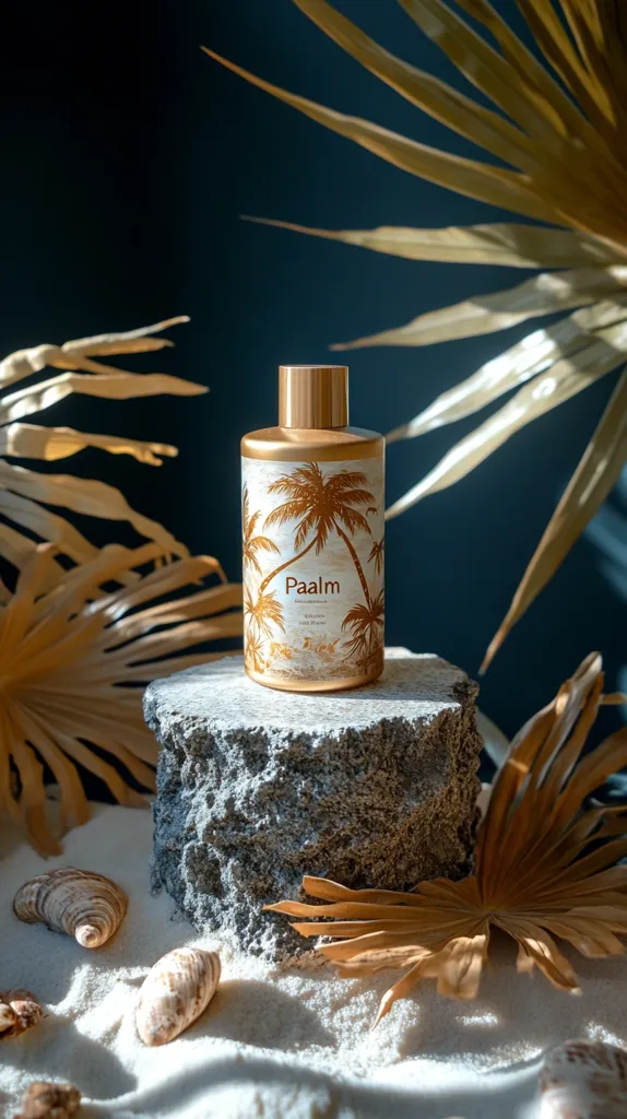 A gold bottle of "Paalm" lotion sits on a stone platform, surrounded by dried palm leaves and seashells. The bottle features a palm tree design and is situated against a dark blue background. The overall image evokes a tropical and luxurious beach aesthetic.