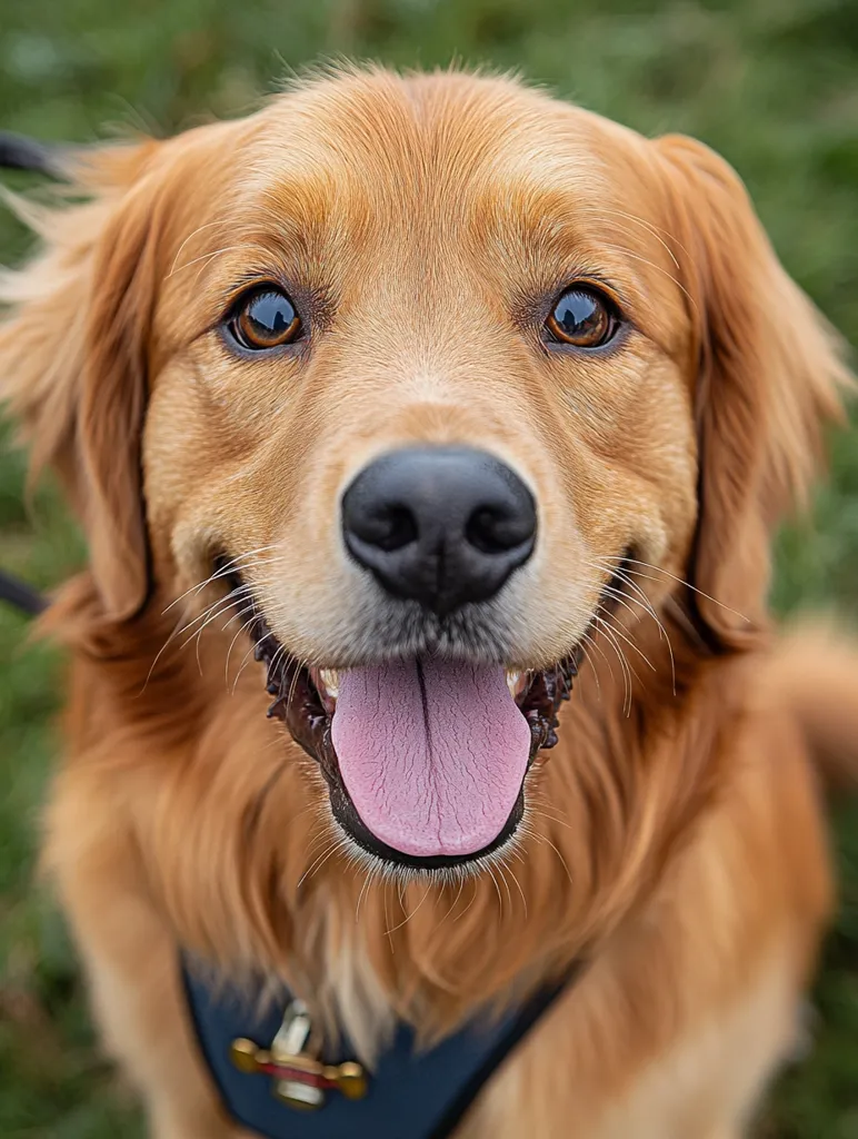 A golden retriever dog with its tongue sticking out is looking directly at the camera with its mouth open in a big, friendly grin. Its fur is soft and golden, and its eyes are a warm brown. The dog is wearing a blue harness and is standing in a grassy area. The background is out of focus, emphasizing the dog's sweet expression.