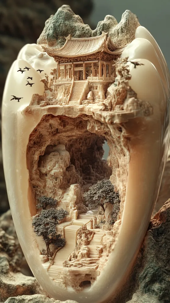A detailed, intricate carving of a mountain scene. The carving is made from a light-colored stone, and depicts a temple nestled within a mountain range. The temple has a multi-tiered roof and is surrounded by trees and winding paths. The carving captures the beauty and serenity of nature.  There are birds in flight carved into the mountain's surface.  A cave entrance adds to the mystique of the scene.