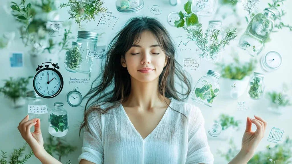 A woman with long dark hair, wearing a white shirt, meditates with her eyes closed, surrounded by floating glass jars filled with green plants, handwritten notes, and a clock. The image creates a serene and ethereal atmosphere, suggesting a state of tranquility and mindfulness.