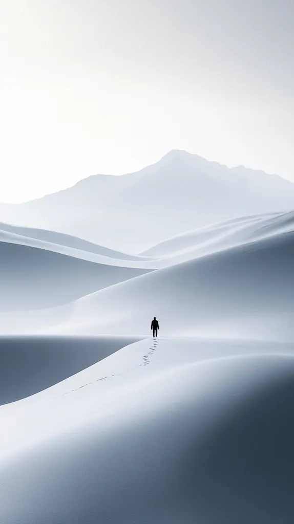 A lone figure walks across a vast, snow-covered landscape. The person is silhouetted against the white, and their footprints mark the otherwise pristine surface. The mountains in the distance are barely visible against the overcast sky, creating a sense of vastness and isolation.  The image evokes feelings of solitude and contemplation.