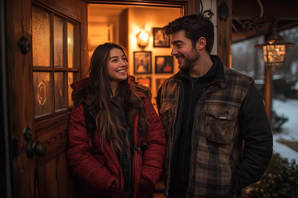 A man and a woman are standing in a doorway, talking and smiling at each other. The woman is wearing a red jacket and the man is wearing a brown plaid vest over a black jacket. The doorway is made of wood and has a frosted glass pane. The background is blurry, but there appears to be a porch with a lantern hanging from the ceiling.  The warm light from the interior of the house illuminates the scene.  It looks like a cozy evening.