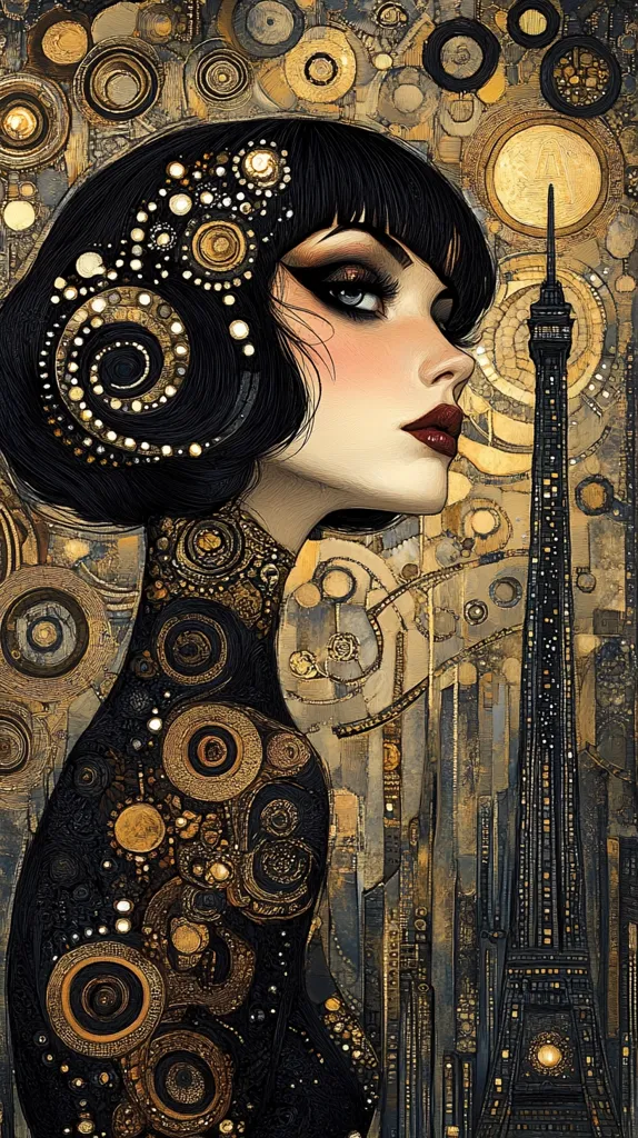 The image features a stylized portrait of a woman with dark hair, wearing a black and gold outfit. She has striking makeup and stares off to the right. The background is a cityscape made up of geometric patterns, circles, and a tall tower, evoking a sense of urban grandeur and mystery. The overall style is heavily influenced by Art Deco and geometric abstraction. The colors are primarily dark, with gold accents and a touch of red in the woman's lips. The composition is well-balanced and draws the viewer's eye towards the woman's face.