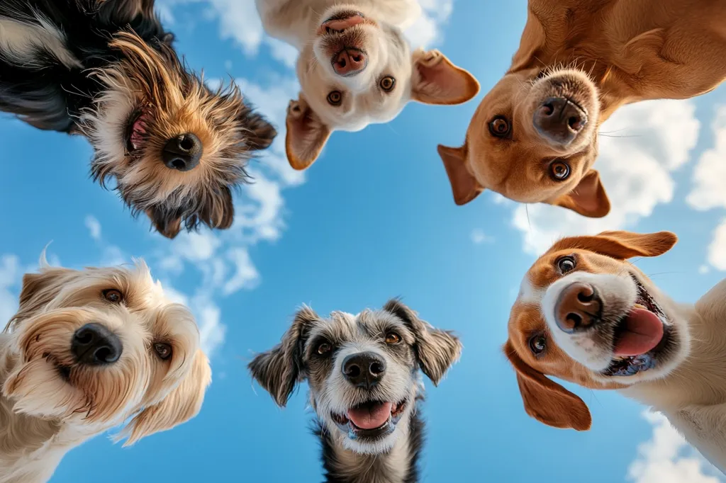 Six dogs of different breeds are looking up at the camera with their tongues sticking out. They are against a blue sky with white clouds. They all look happy and playful, their eyes filled with joy. The dogs are in various poses, some upside down, some looking straight at the camera. The image is a playful and heartwarming snapshot of canine companionship.