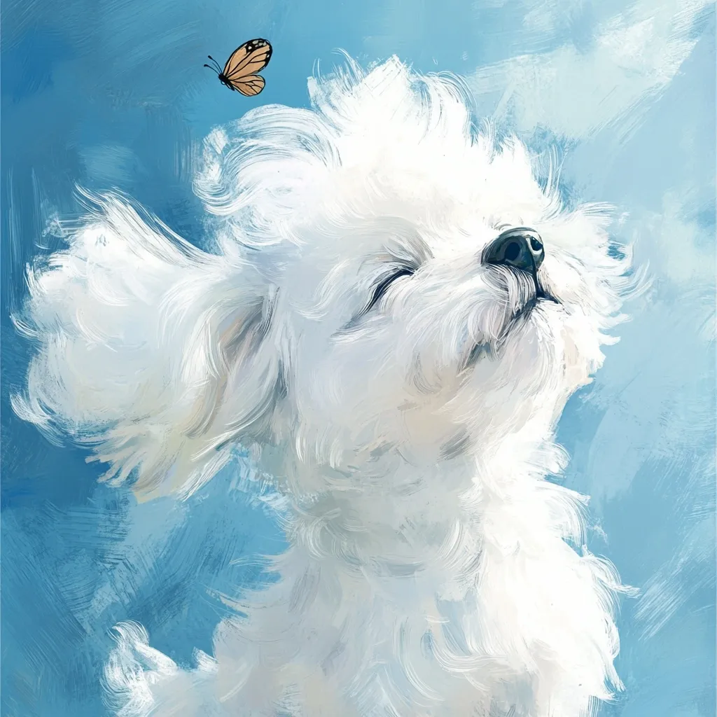 A white dog, possibly a Bichon Frise, with fluffy fur is looking up with its eyes closed against a light blue background. A small orange butterfly is flying above the dog's head. The image is painted in a loose, brushstroke style.  The dog's expression is serene and peaceful.  The overall impression is one of happiness and carefree joy.