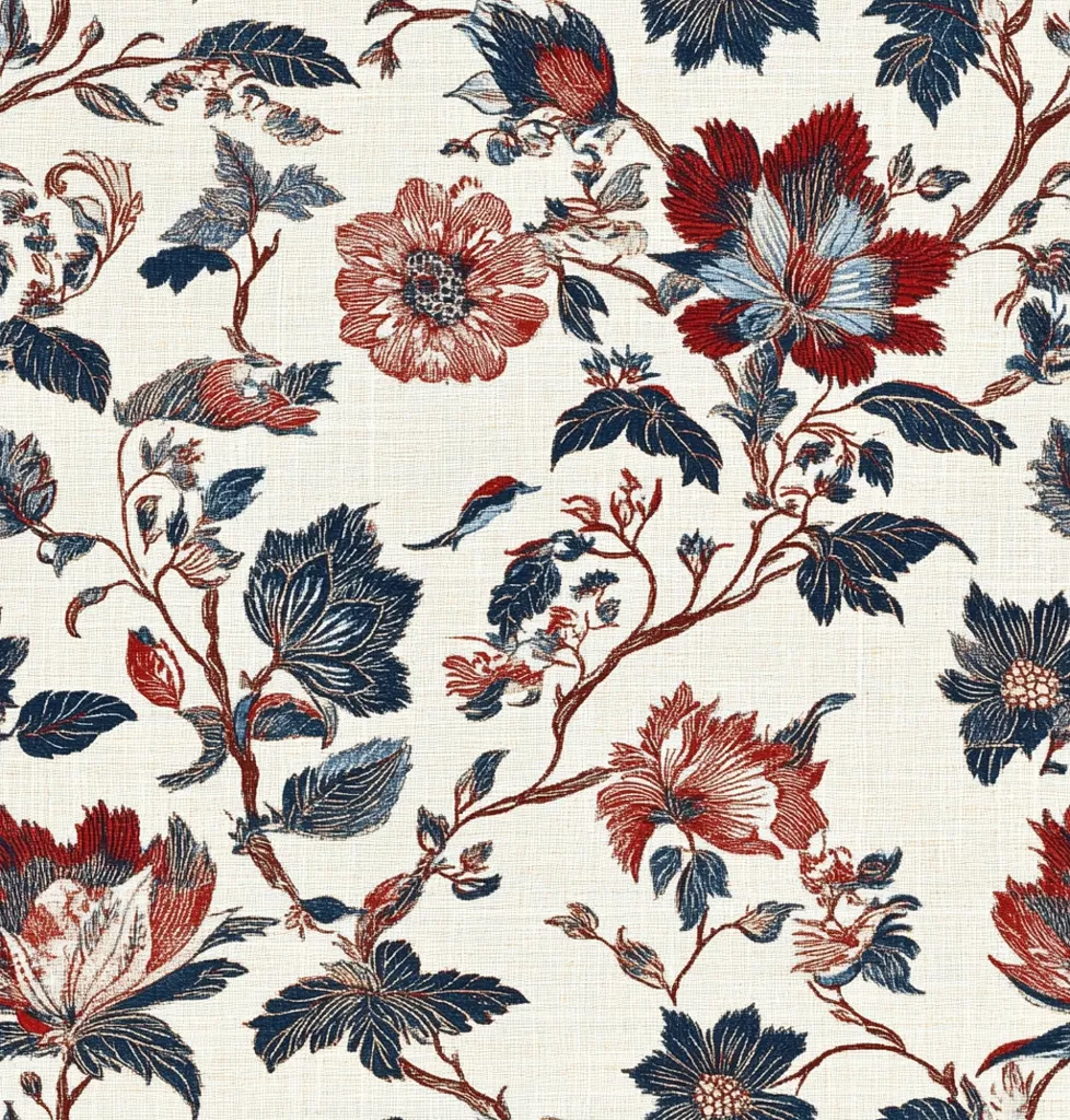 A white fabric background with a repeating floral pattern of navy blue and red flowers with green leaves. The pattern is intricate and detailed, creating a sense of depth and texture.  There is a small bird in flight. The fabric appears to be linen or a similar natural fiber.