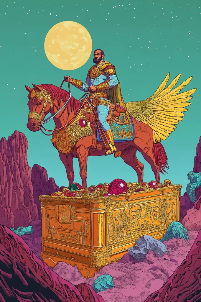 A man in golden armor rides a winged horse, adorned with jewels, over a golden chest overflowing with gems. The scene is set against a starry, teal sky with a large yellow moon. The horse and chest are perched on rocky terrain, hinting at a fantastical world of magic and adventure. The artwork is vibrant and stylized, with a sense of grandeur and mystery.