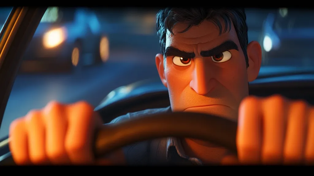 A close-up shot of a man driving a car at night. The man's face is tense, his eyes narrowed and his brow furrowed. He appears to be focused intently on the road ahead, his hand gripping the steering wheel firmly. The scene is lit by the car's headlights, casting a warm glow on the man's face and hands.  The image creates a sense of suspense and anticipation.