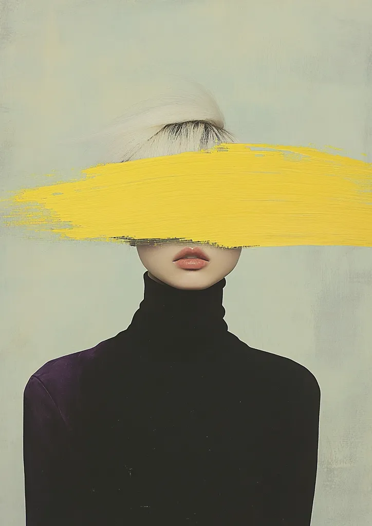 A woman with platinum blonde hair wears a black turtleneck sweater. Her face is obscured by a thick, bright yellow brushstroke, only her lips are visible. The background is a faded grey-green. The image is minimal and abstract, focusing on the contrast between the bold yellow and the soft tones of the rest of the image. It evokes a sense of mystery and intrigue.