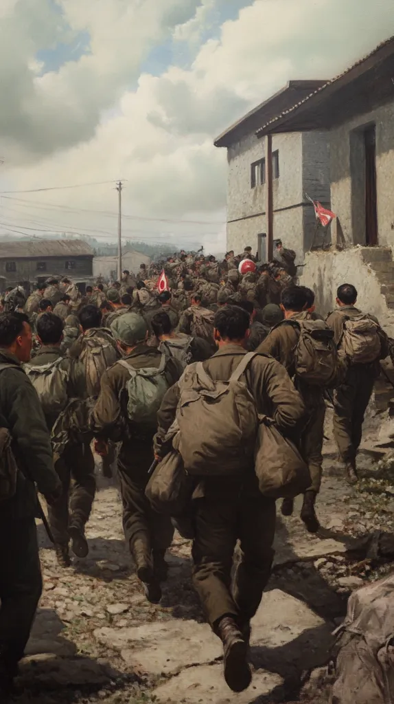 A group of soldiers, many carrying backpacks and rifles, march down a dirt road, away from a building on the right. The soldiers are in formation, with a few in the foreground and many others in the distance. The scene is painted in a realistic style with a focus on the soldiers and their gear. The painting depicts a moment of movement and action, with the soldiers marching forward with purpose. The cloudy sky and the stone building in the background add to the sense of realism and depth.