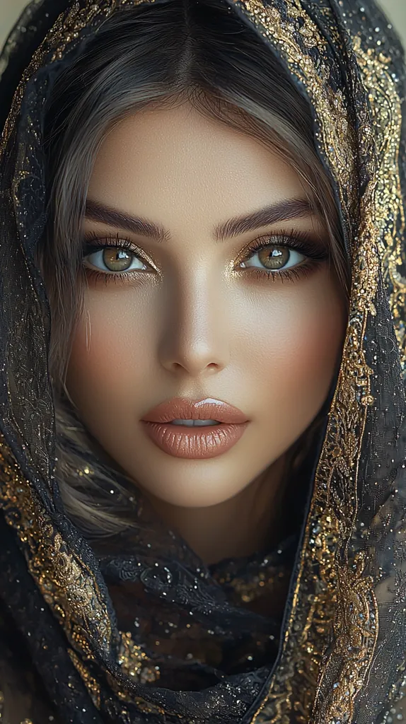A woman with long, dark hair wears a black and gold head scarf, revealing her face. Her eyes are a warm hazel color and her lips are a soft nude shade.  She has flawless skin and her expression is calm and introspective. The intricate embroidery on the scarf adds a touch of elegance to the portrait.  The lighting creates a soft and ethereal glow around her face.