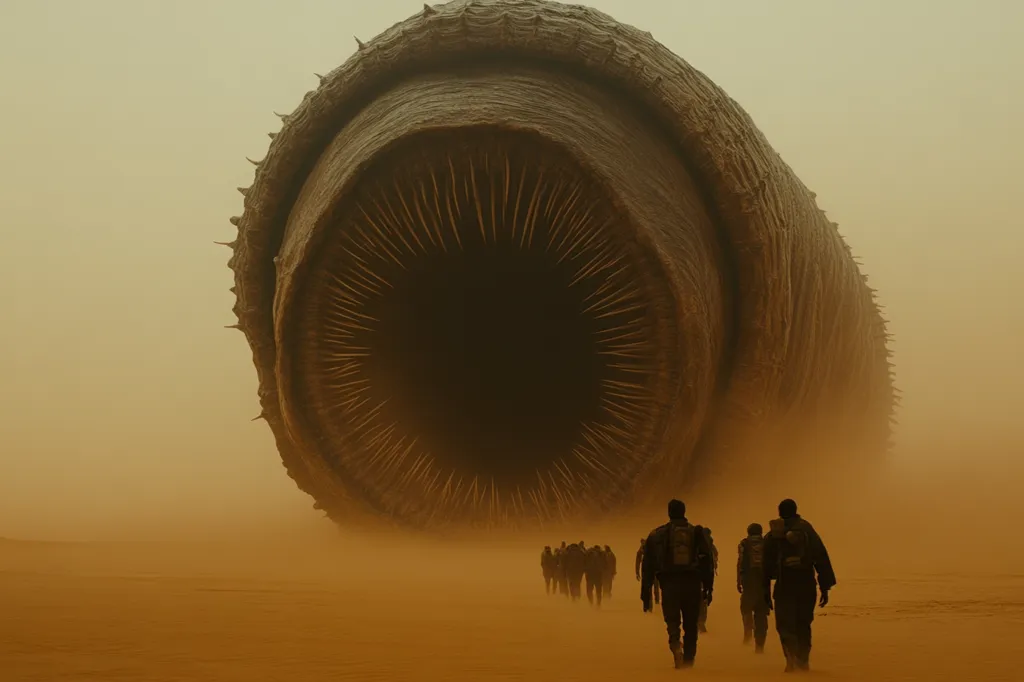 A giant, worm-like creature with a gaping maw looms over a group of people walking through a dusty, desert landscape. The creature's body is covered in textured,  brown skin, and its mouth is lined with sharp teeth. The people are silhouetted against the ominous, sand-filled sky. The scene is a stark and unsettling portrait of a post-apocalyptic world.