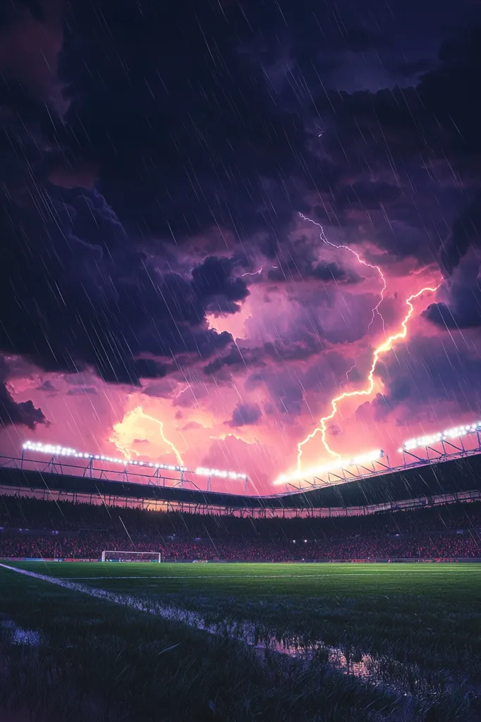 A football stadium is shown in the foreground with floodlights illuminating a lush, green field. The background is dominated by a dramatic, stormy sky, with streaks of lightning illuminating the dark clouds. Rain is falling heavily, creating a sense of anticipation and tension. The image evokes a sense of both power and fragility, as the stadium stands resilient against the forces of nature.