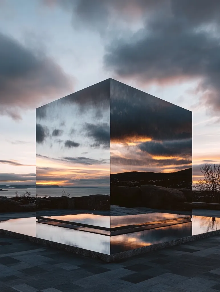 A large, mirrored cube stands on a paved platform, reflecting the surrounding landscape. The sky above is a canvas of soft clouds and warm sunset hues, mirrored in the cube's surface. The reflection creates a sense of depth and mystery, as if the cube is a portal to another world. The image evokes a feeling of serenity and contemplation.