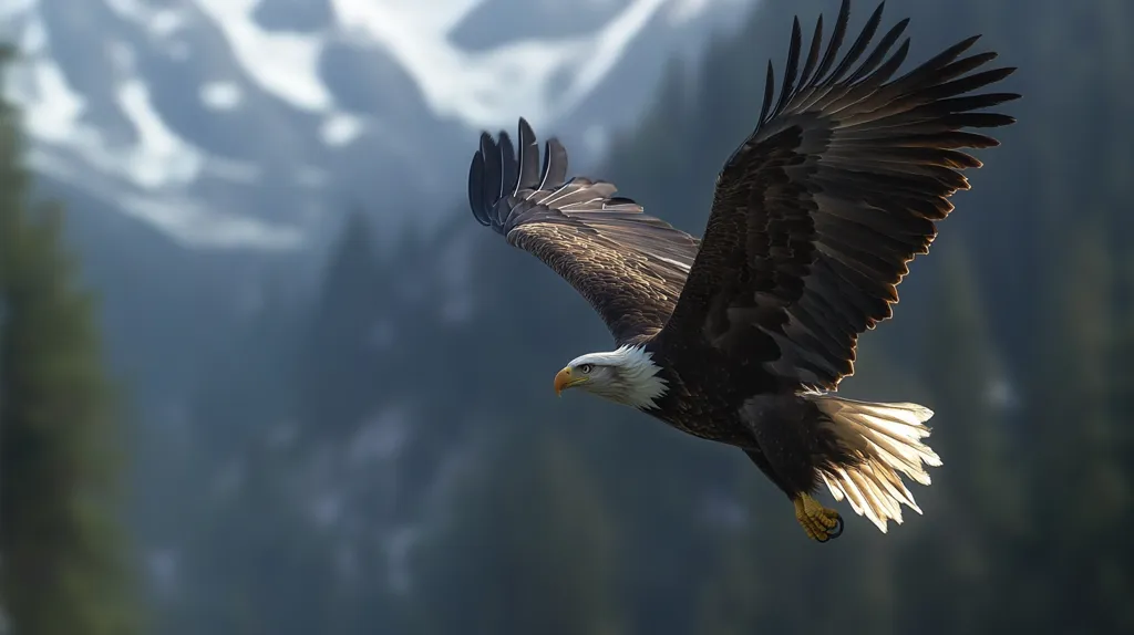 A majestic bald eagle soars through the sky, its powerful wings spread wide against a backdrop of distant mountains.  The eagle's white head and sharp beak stand out against its dark feathers.  Sunlight illuminates the eagle's tail feathers, creating a dazzling display of natural beauty.  The image captures the eagle's freedom and grace as it glides effortlessly through the air.