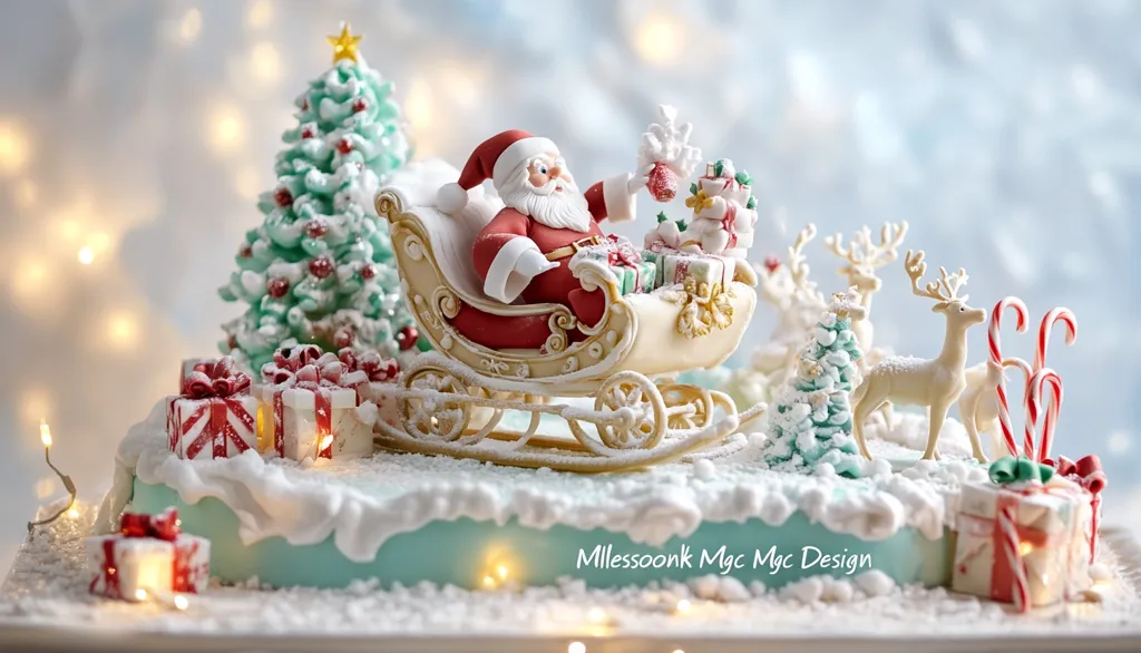 A beautifully crafted Christmas cake depicting a winter wonderland scene. Santa Claus sits in his sleigh, pulling presents and a reindeer, surrounded by snow-covered trees, presents, and candy canes. The cake is decorated with white frosting and sprinkled with powdered sugar, creating a snowy effect.  The overall design is festive and charming, perfect for a holiday celebration.