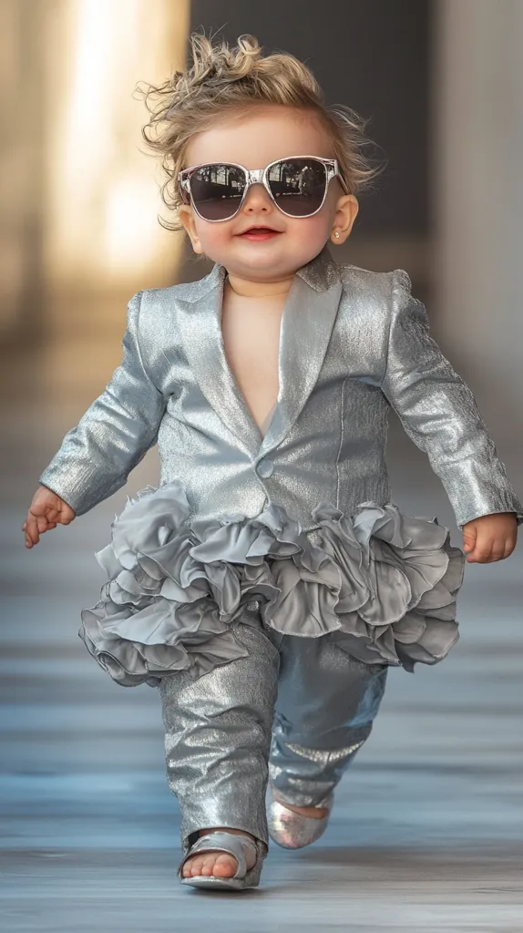 A young girl in a silver sequined blazer and matching pants with a ruffled hem walks confidently down a runway. She wears oversized sunglasses and a small earring in her ear, exuding a cool and stylish attitude. Her outfit and accessories suggest a high-fashion aesthetic, while her playful expression adds a touch of youthful charm.  The background, blurred and out of focus, emphasizes the subject's bold presence.
