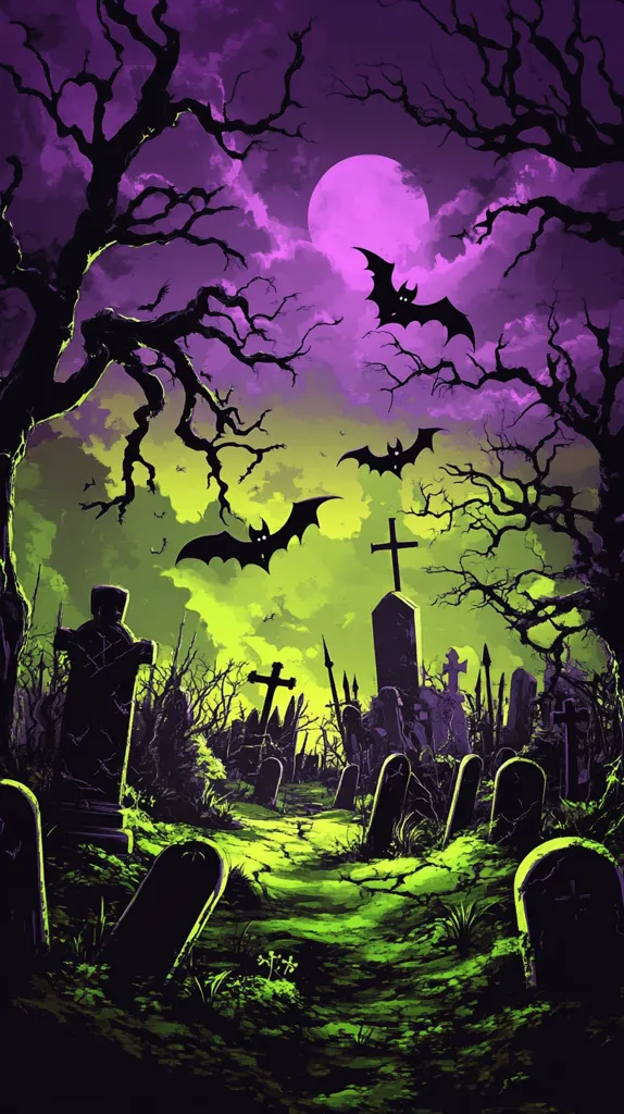 A spooky graveyard scene with a path leading through the center.  The path is lined with tall, dark tombstones and crosses. The sky is a vibrant purple with a full moon and clouds.  The air is filled with bats soaring through the night. The ground is covered in a bright green glow, adding an eerie ambiance.  It’s the perfect scene for a Halloween night.