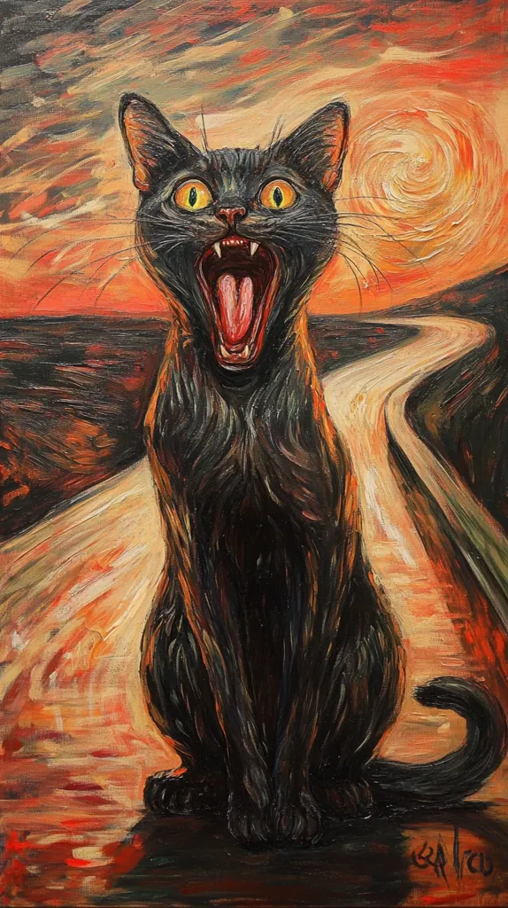 The painting depicts a black cat with wide, yellow eyes and a gaping maw, sitting on a winding road against a fiery sunset. The road curves into the distance, merging with the orange and yellow hues of the sky. The cat's expression is one of intense fear or anguish, creating a sense of dread and unease. The painting is a parody of Edvard Munch's "The Scream," with the cat taking the place of the iconic human figure.