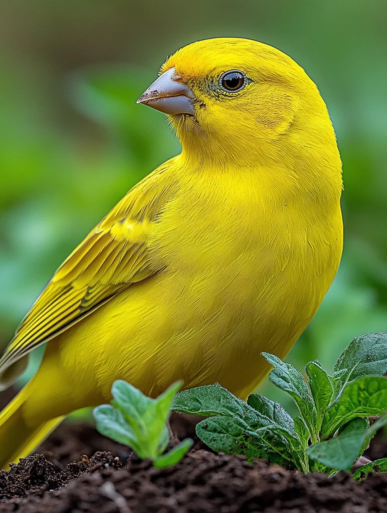 A vibrant yellow canary perches on the ground, its bright plumage contrasting sharply with the green foliage and dark soil. Its small, dark eyes gaze intently forward, while its delicate beak is slightly open, giving it a curious expression. The bird's feathery texture is visible, adding depth and detail to its appearance. The lush greenery surrounding it provides a natural backdrop, enhancing the canary's beauty.