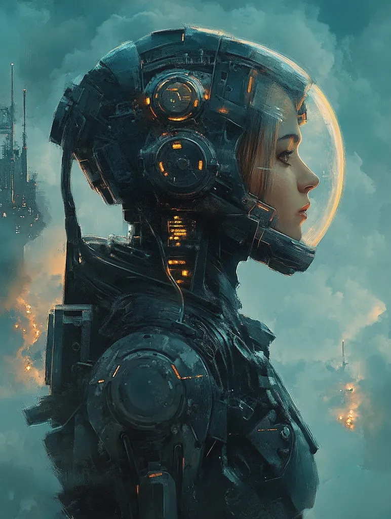 The image depicts a woman in a futuristic, mechanical suit, standing against a backdrop of a cloudy, post-apocalyptic cityscape. She wears a helmet with a visor, revealing a determined expression on her face. The suit is heavily armored and adorned with glowing orange details, highlighting its technological complexity. The woman's silhouette stands out against the hazy atmosphere, suggesting a sense of isolation and resilience in a harsh environment.