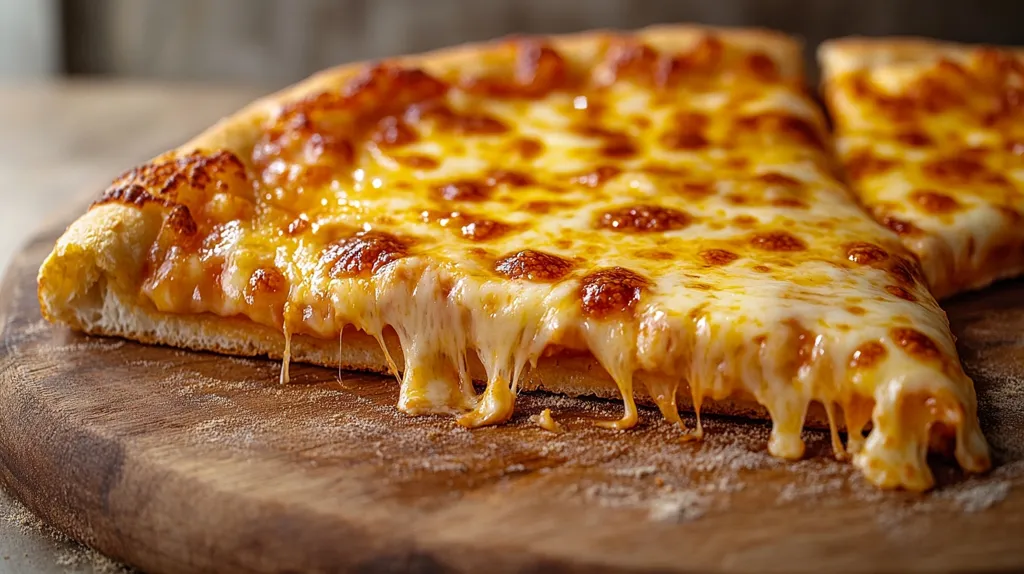 A close-up shot of a cheesy pizza slice, with melted mozzarella cheese dripping off the edge. The pizza is resting on a wooden cutting board, with a slight dusting of flour. The warm golden color of the cheese and the crust create a delicious and inviting image.  The pizza looks freshly baked and ready to be devoured.