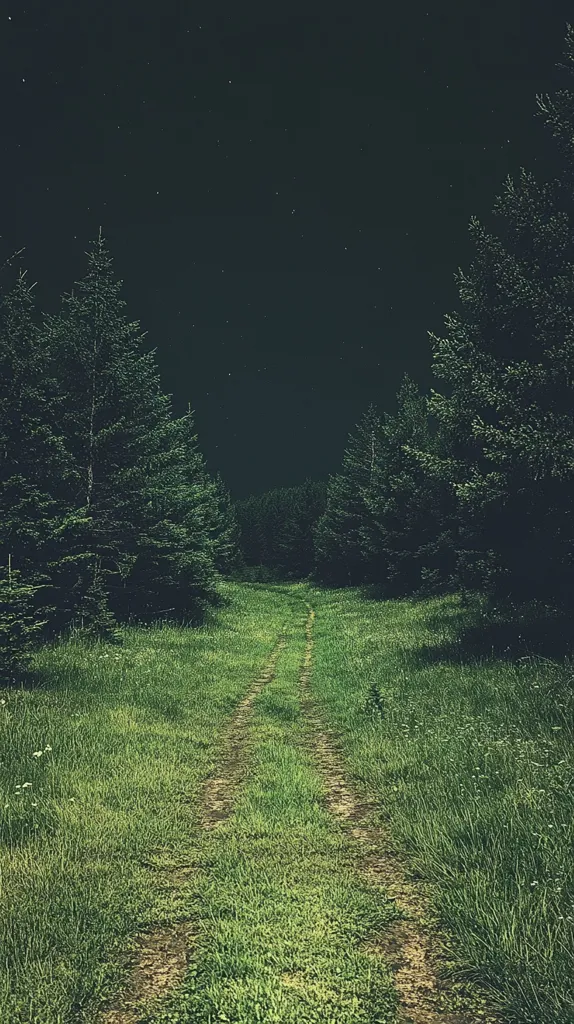 A dirt path winds through a lush green meadow, disappearing into a dense forest. The trees stand tall and dark against a starlit night sky, casting long shadows across the grass. The scene is peaceful and serene, inviting contemplation and exploration. The path seems to lead to a mysterious destination beyond the trees.