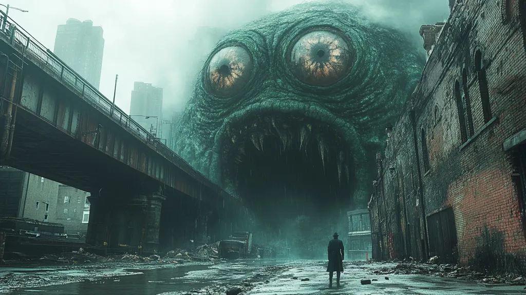 A monstrous creature, with two large eyes and a gaping maw filled with teeth, looms over a deserted city street.  A lone figure, wearing a coat and hat, stands in the foreground, seemingly oblivious to the impending danger. The city is shrouded in mist, creating an eerie atmosphere. The scene evokes a sense of impending doom and the vulnerability of humanity in the face of unimaginable forces.